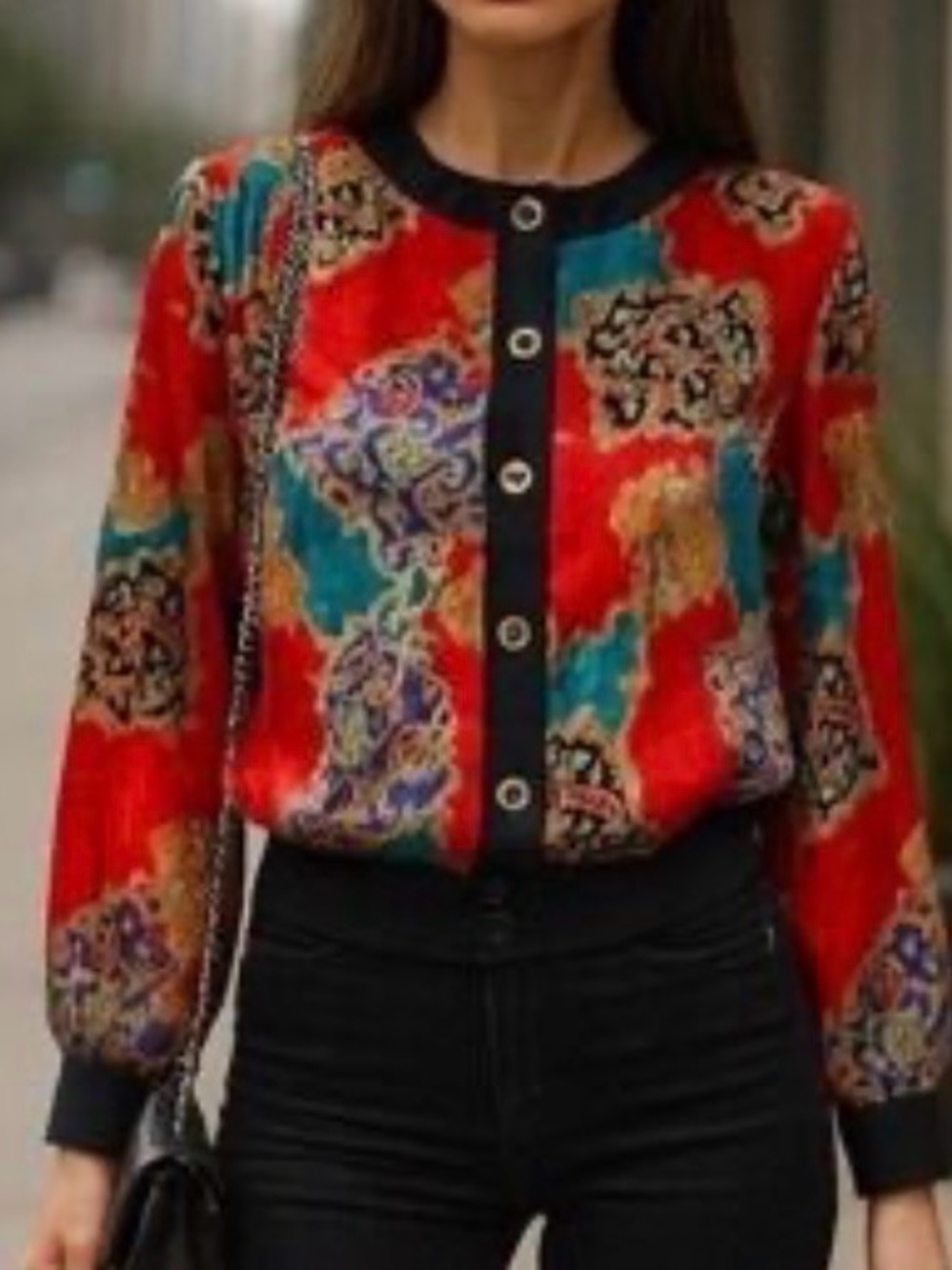 Notations Baroque Paisley Print Button Front Jacket Black Trim Plus 20W